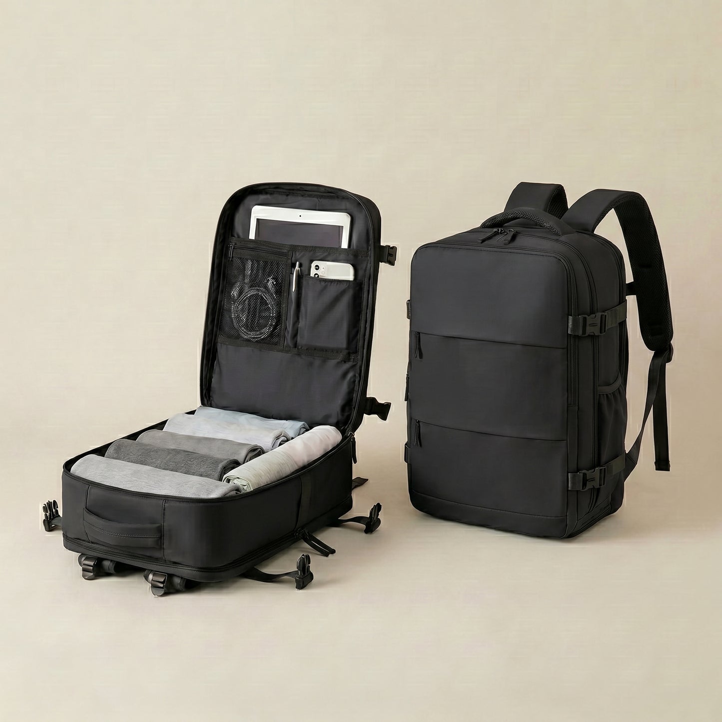 Mochila de Viaje Pro Negra –Impermeable y con Compartimento para Calzado