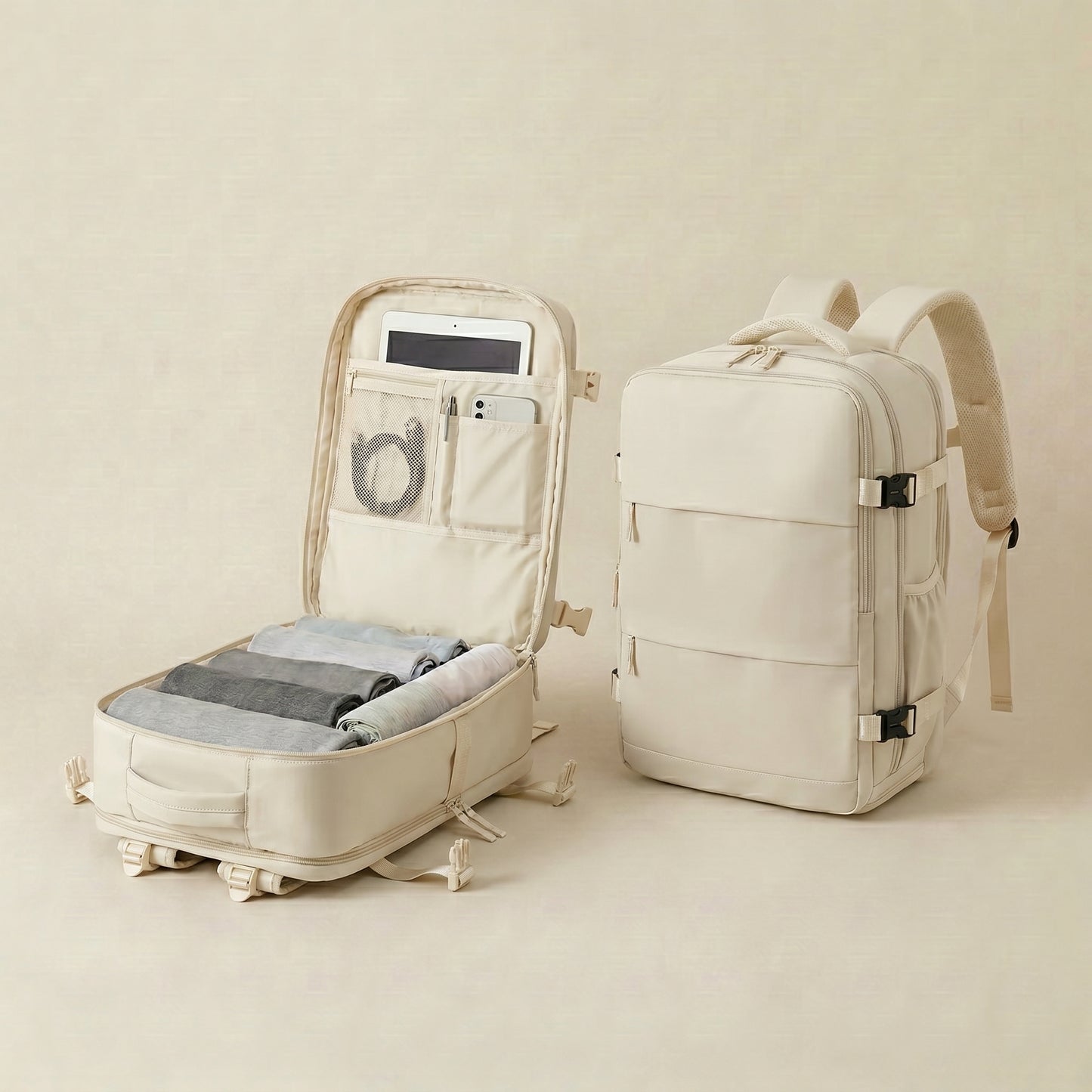 Mochila de Viaje Pro Blanco Roto –Impermeable y con Zapatero Especial