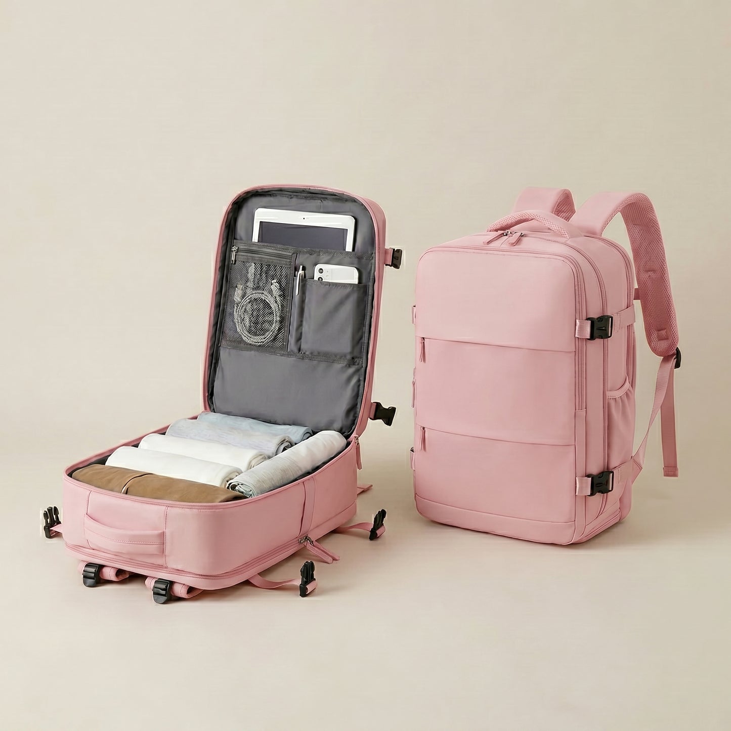 Mochila de Viaje Pro Rosa Pastel – Diseño Impermeable y con Zapatero Especial