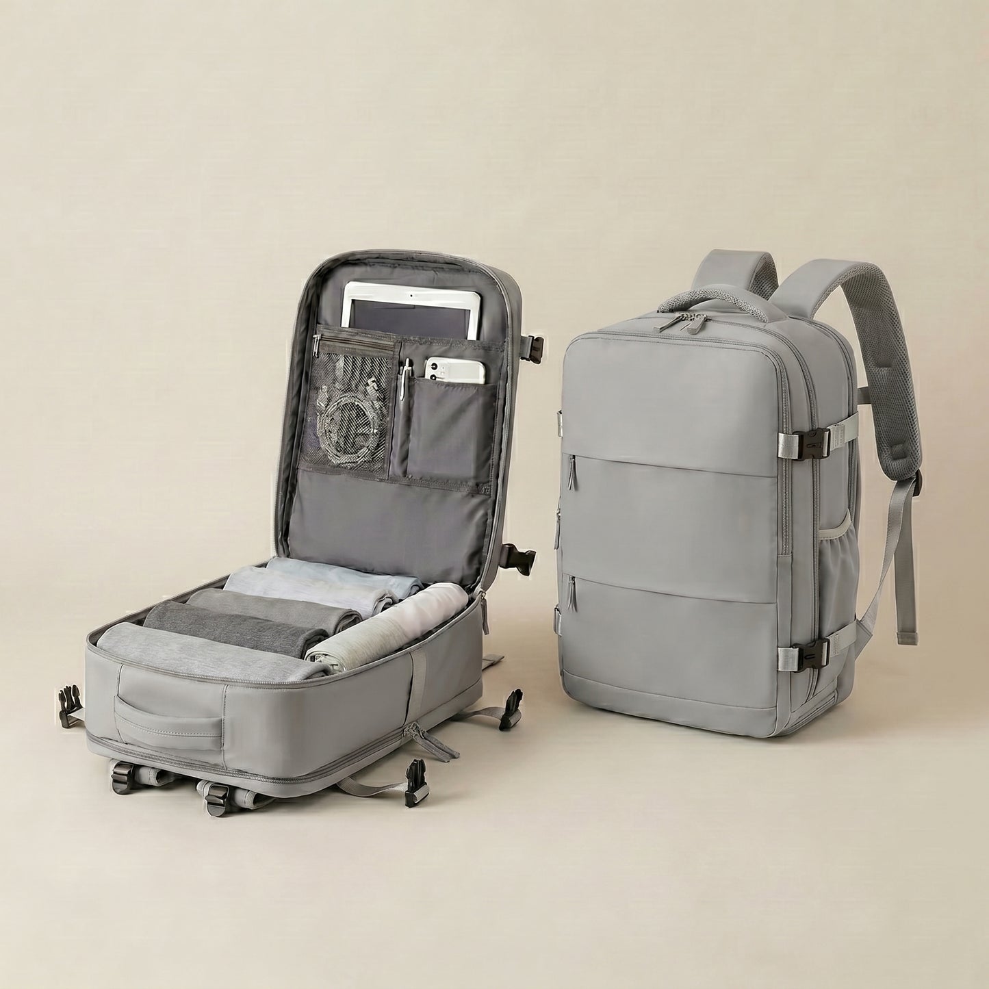 Mochila de Viaje pro Gris – Impermeable y con Compartimento para Zapatos