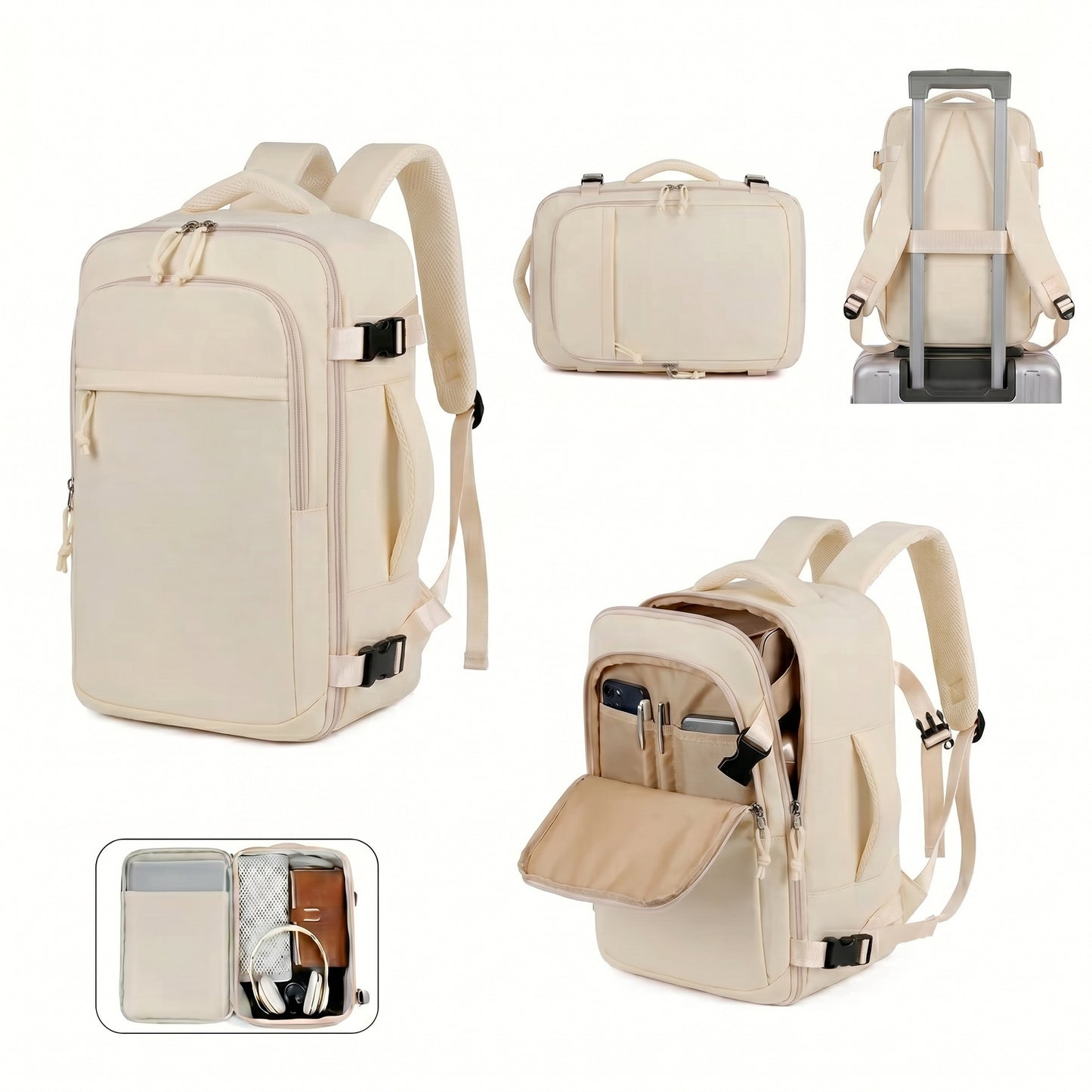 Mochila de Viaje Beige: Capacidad Maximizada y Apta para Cabina