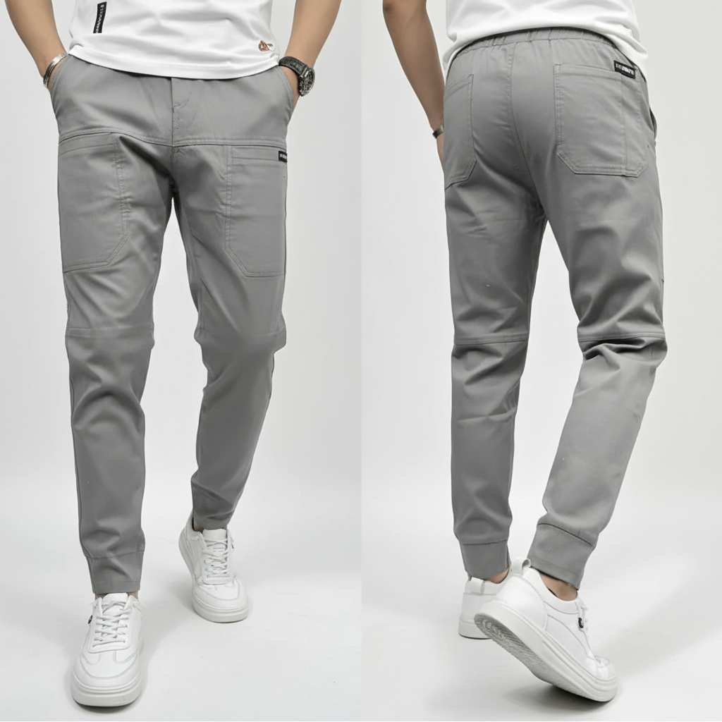 Pantalón cargo gris fondo blanco estudio