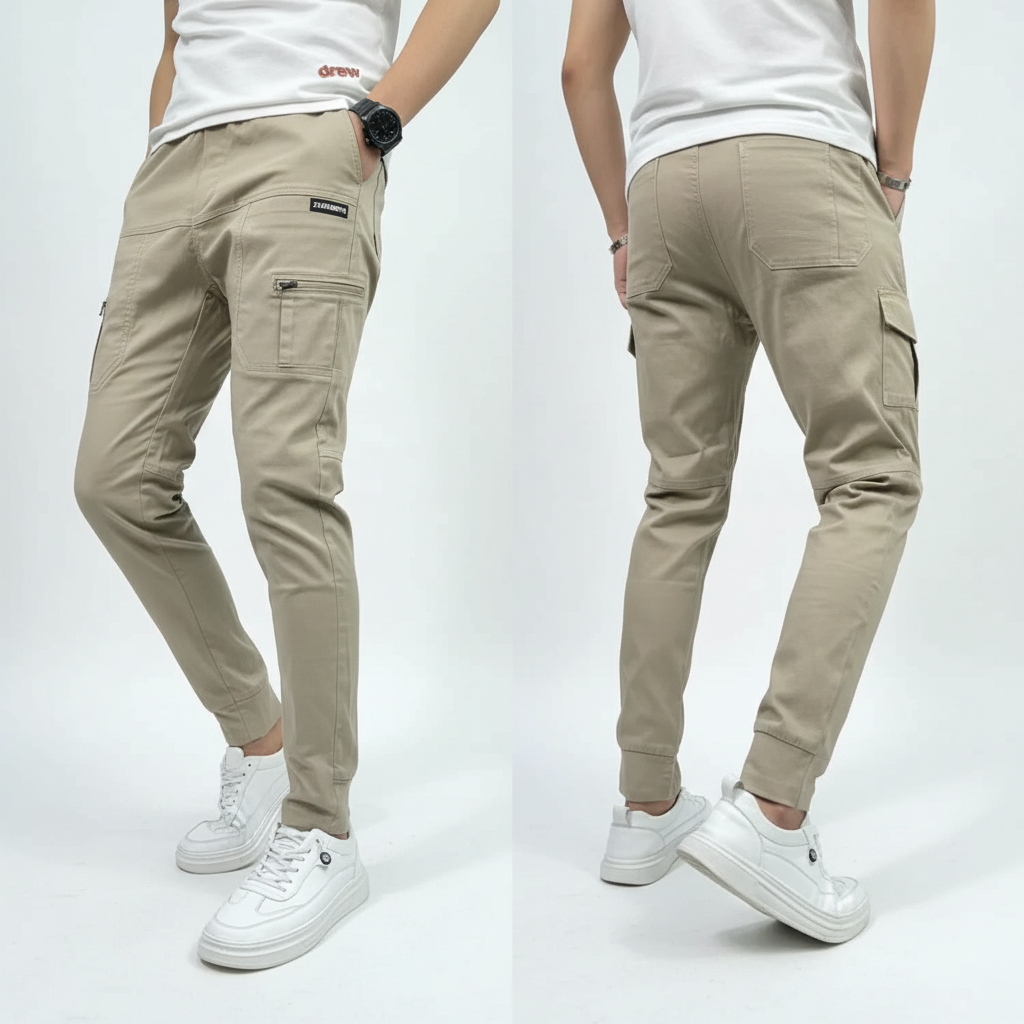 Pantalón cargo beige fondo blanco estudio