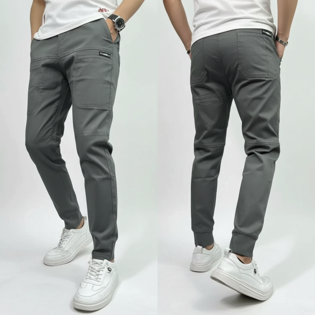 Pantalón cargo gris oscuro fondo blanco estudio