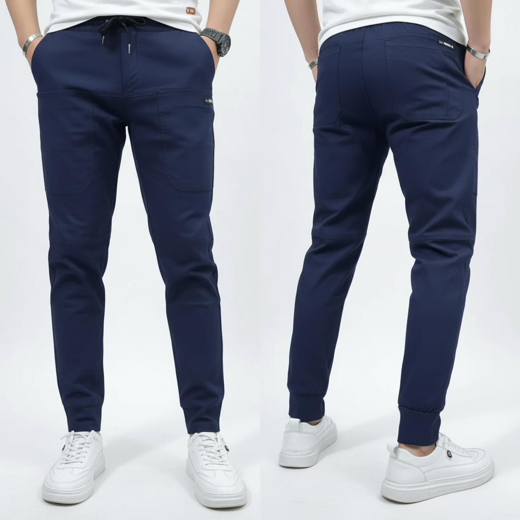 Pantalón cargo azul fondo blanco estudio